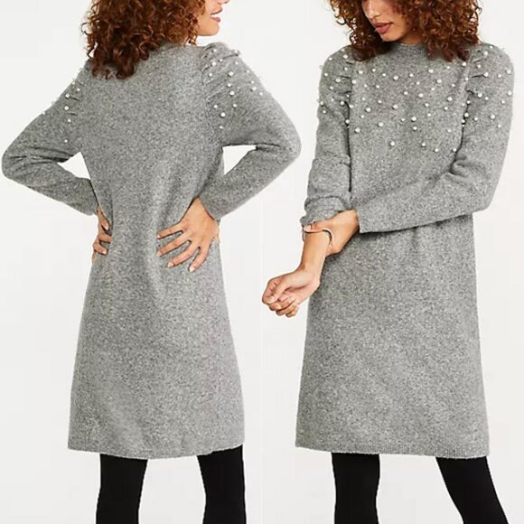 Ann Taylor Dresses & Skirts - Ann Taylor Women's SP Pearlized Pearls Mock Neck Sweater Dress Heather Gray $179